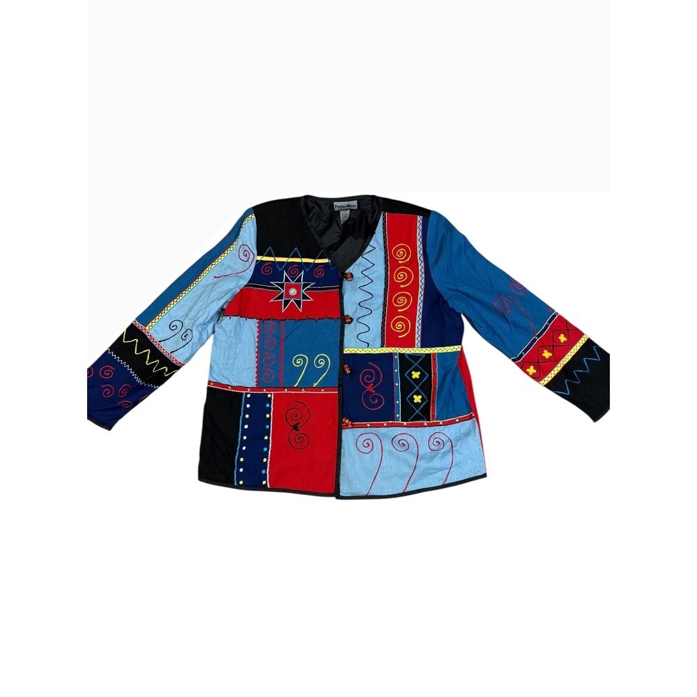 Indigo Moon Patchwork Jacket Colorful‎ Embroidered V-Neck Button Front vintage